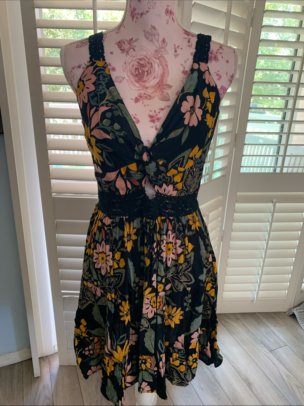 Angie Black Floral Dress with Pink & Mustard Blooms